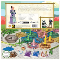 Matagot Takenoko panda miniatures among colorful garden plots for engaging gameplay.
