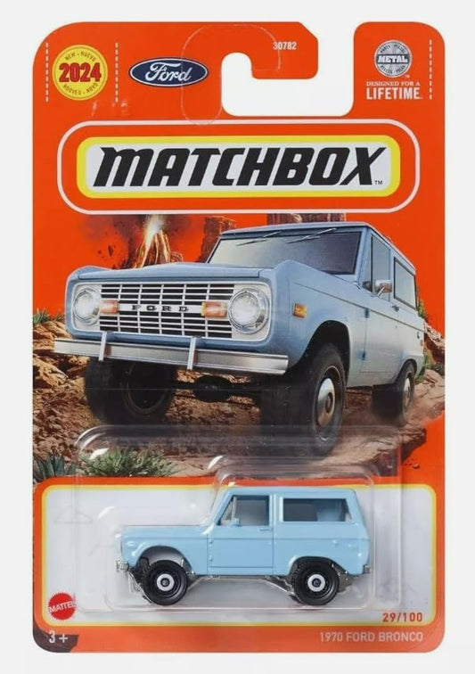 Matchbox 1970 Ford Bronco light blue 164-scale model ideal for display and imaginative play