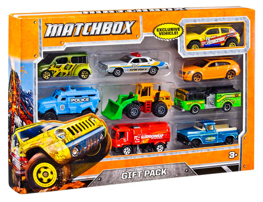 Matchbox 9-pack die-cast cars 1:64 front view, authentic details for realistic pretend play.