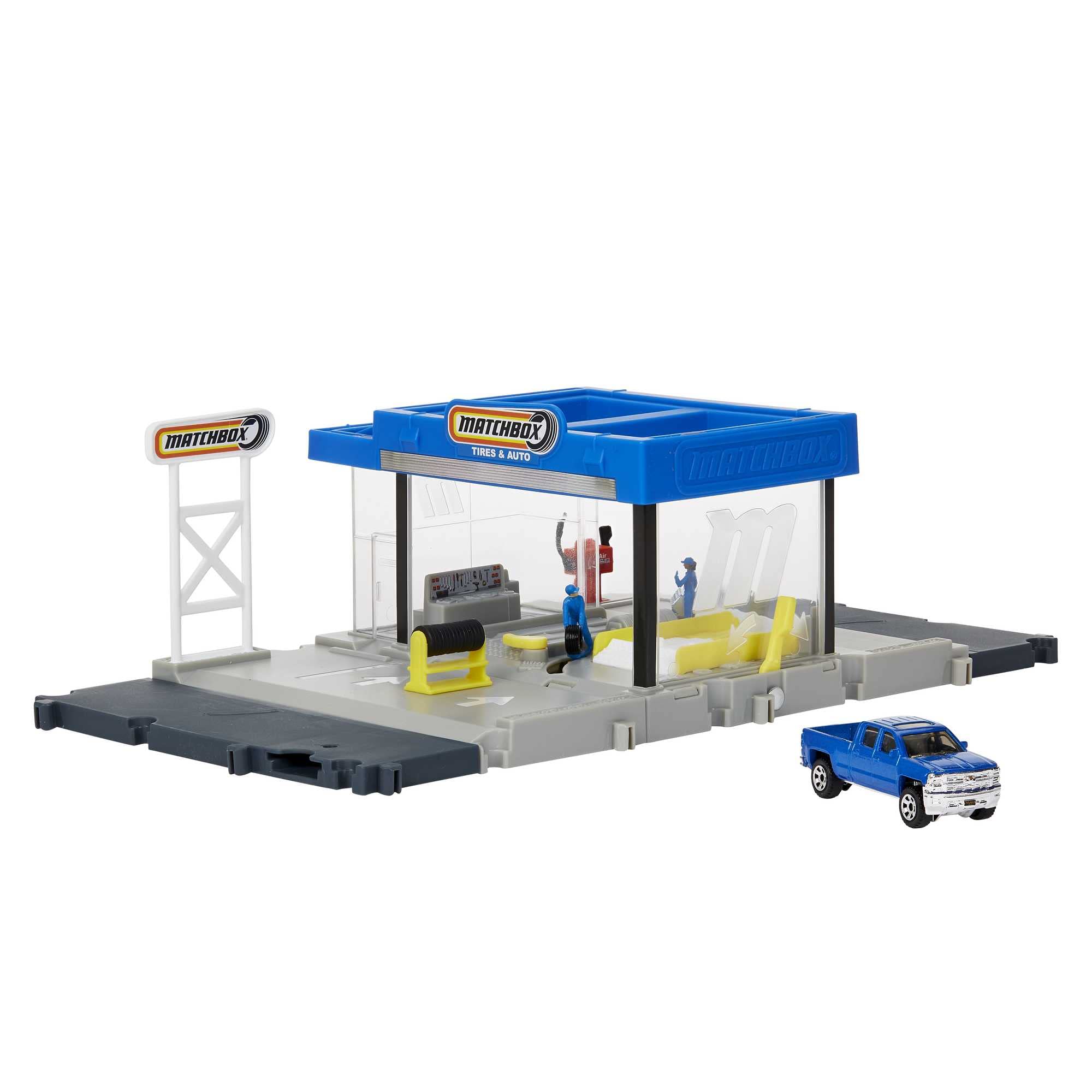 Matchbox Auto Shop with Chevy Silverado ready for realistic service play.