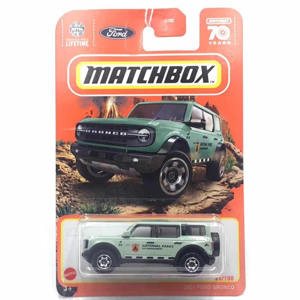 Matchbox Ford Bronco mint green packaging shows 70 Years badge for gifting