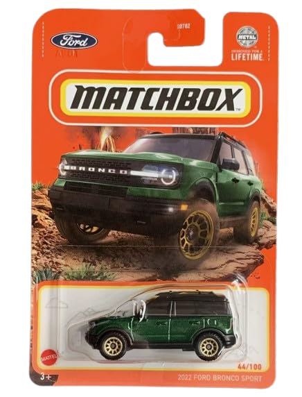Matchbox Bronco Sport 1:64 model in green with opening hood and doors, ideal for display.