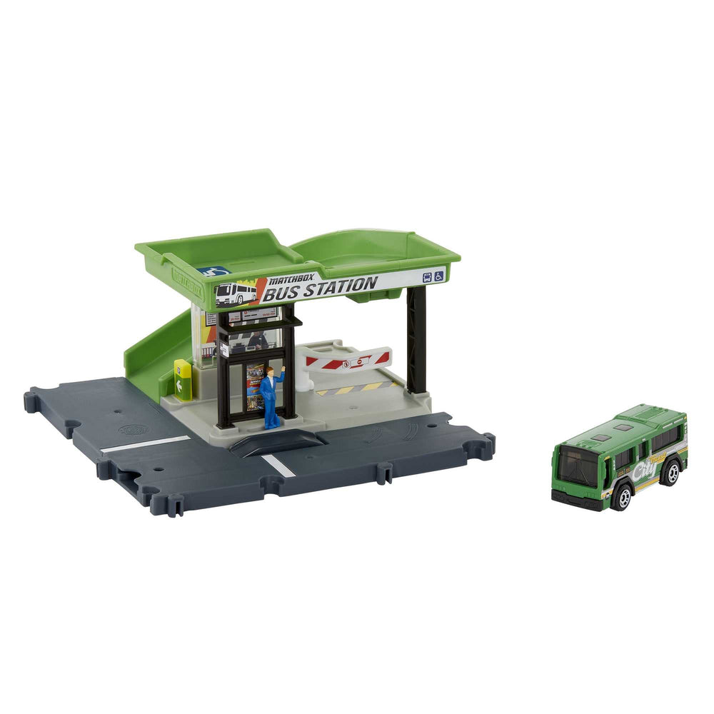 Matchbox bus station track with bus for imaginative play.