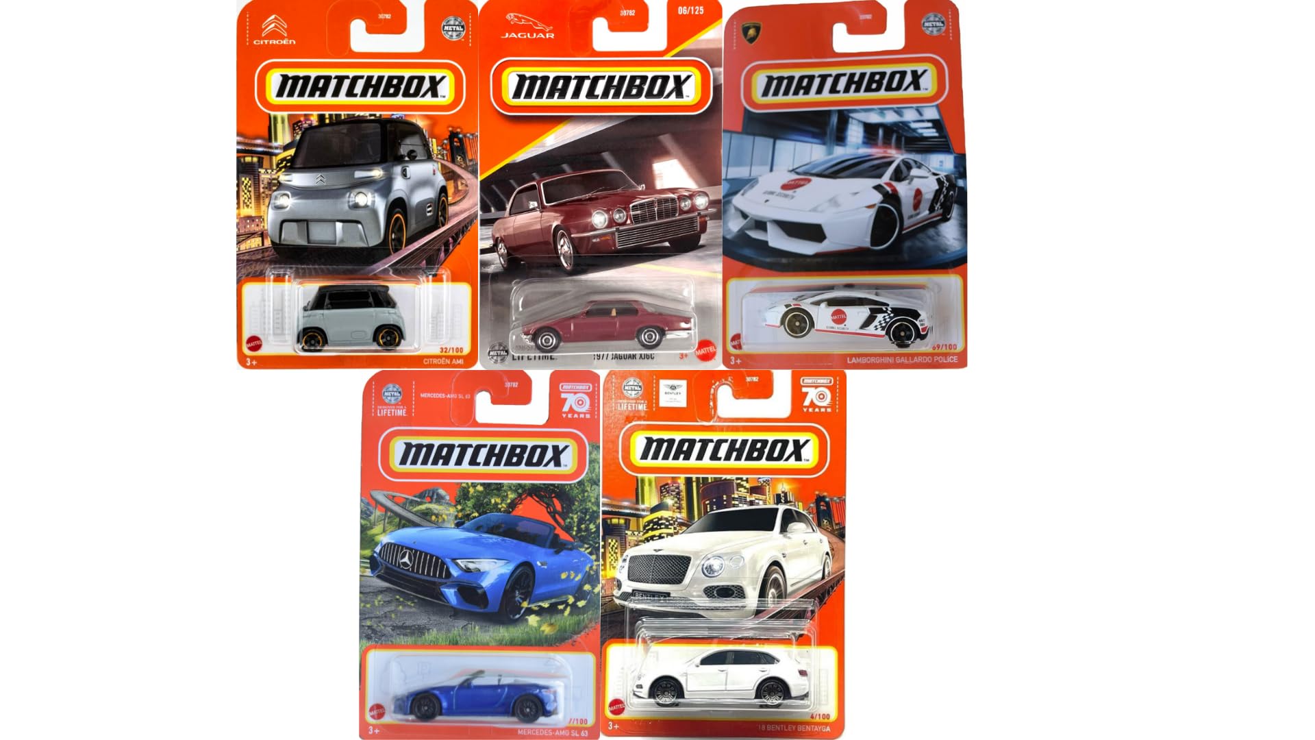 Matchbox Exotic Vehicles 5-Pack random assortment 1:64 scale for display.