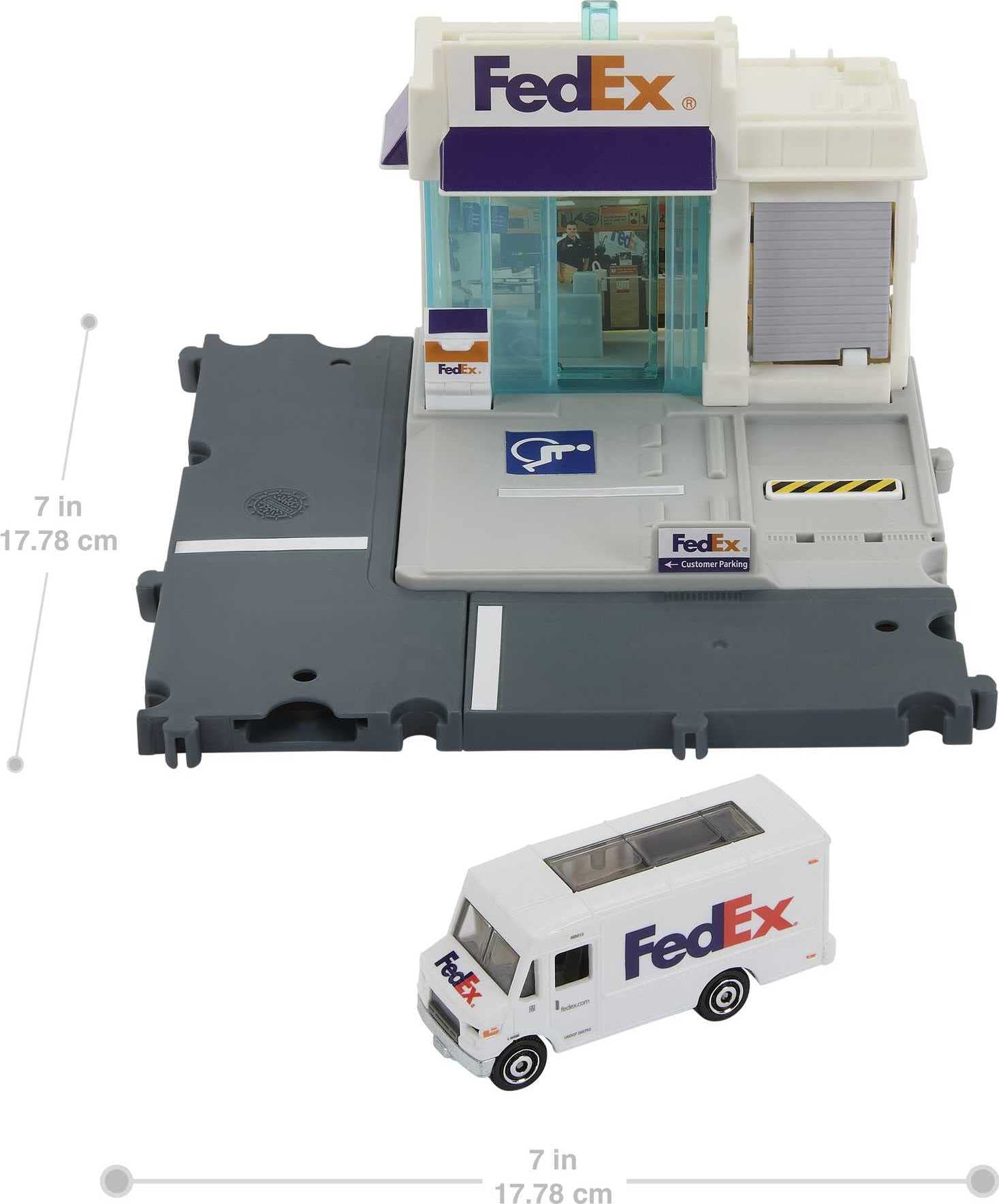 Matchbox FedEx playset truck in motion for dynamic pretend deliveries.