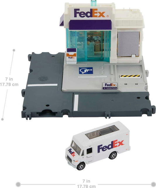 Matchbox FedEx playset truck in motion for dynamic pretend deliveries.