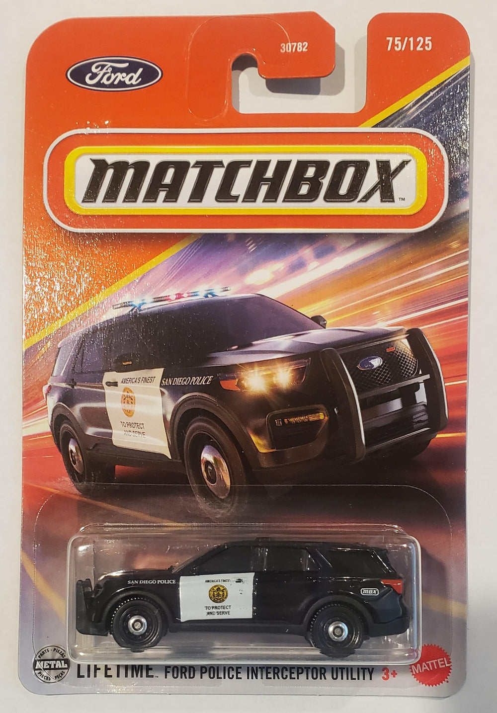 Matchbox Ford Police Interceptor Utility diecast, close-up detailing, perfect for collectors.