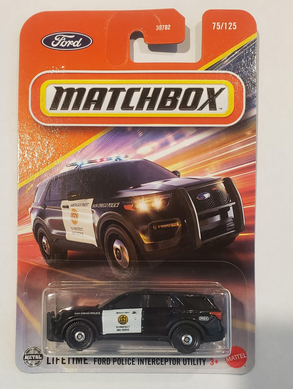 Matchbox Ford Police Interceptor Utility diecast, front view, durable play and display.