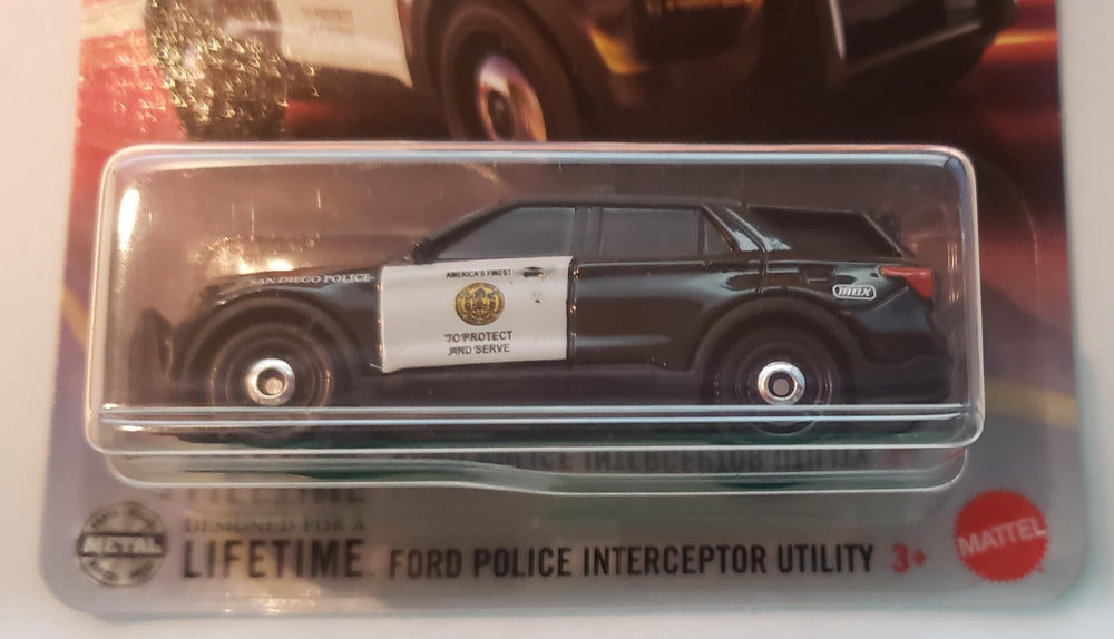 Matchbox Ford Police Interceptor Utility diecast, packaging box, ideal for gifting.
