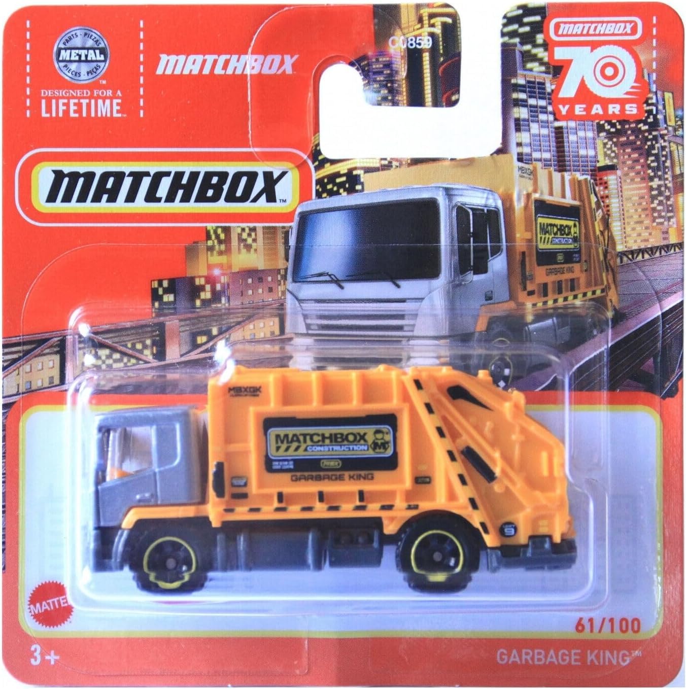 Matchbox Garbage King orange toy with rolling wheels for imaginative play.