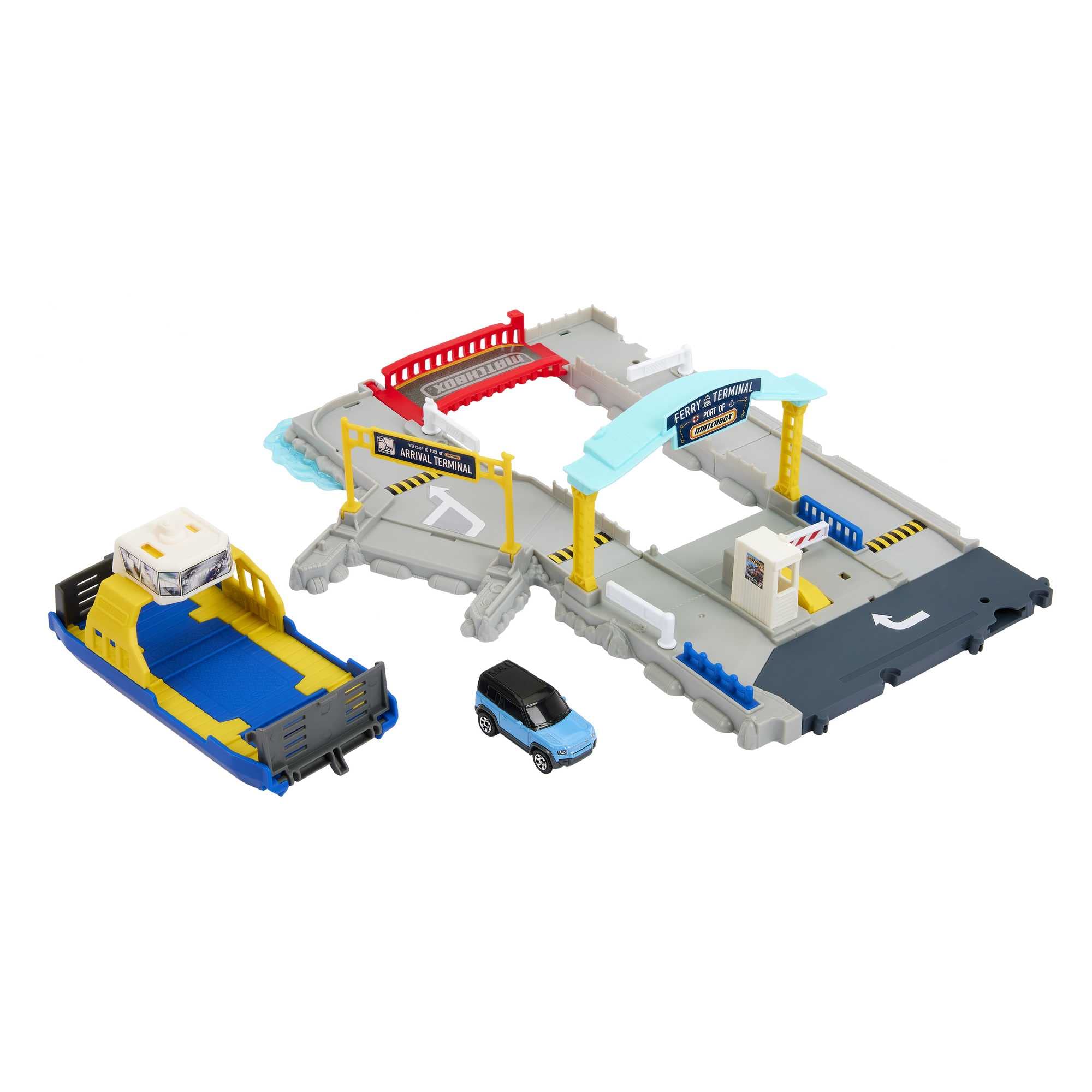 Matchbox HMH29 ferry port set with detachable wheeled ferry for dynamic playtime.