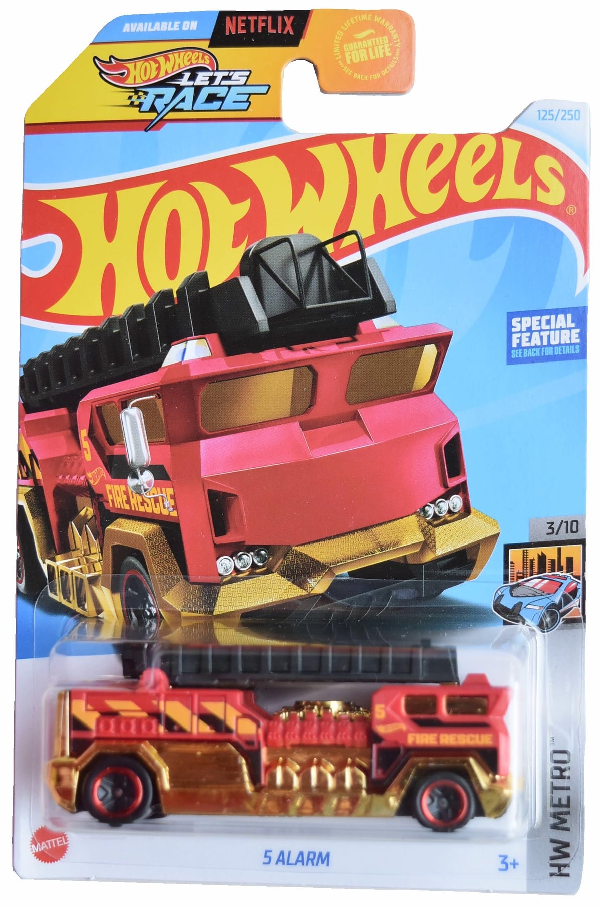 Matchbox Hot Wheels 5 Alarm fire engine front view shows detailed red-gold livery for display