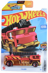 Matchbox Hot Wheels 5 Alarm fire engine front view shows detailed red-gold livery for display