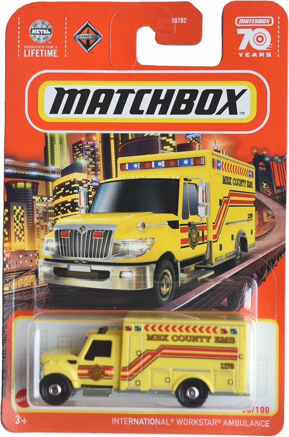 Matchbox International Workstar Ambulance in yellow, ideal for display and imaginative play.