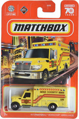 Matchbox International Workstar Ambulance in yellow, ideal for display and imaginative play.