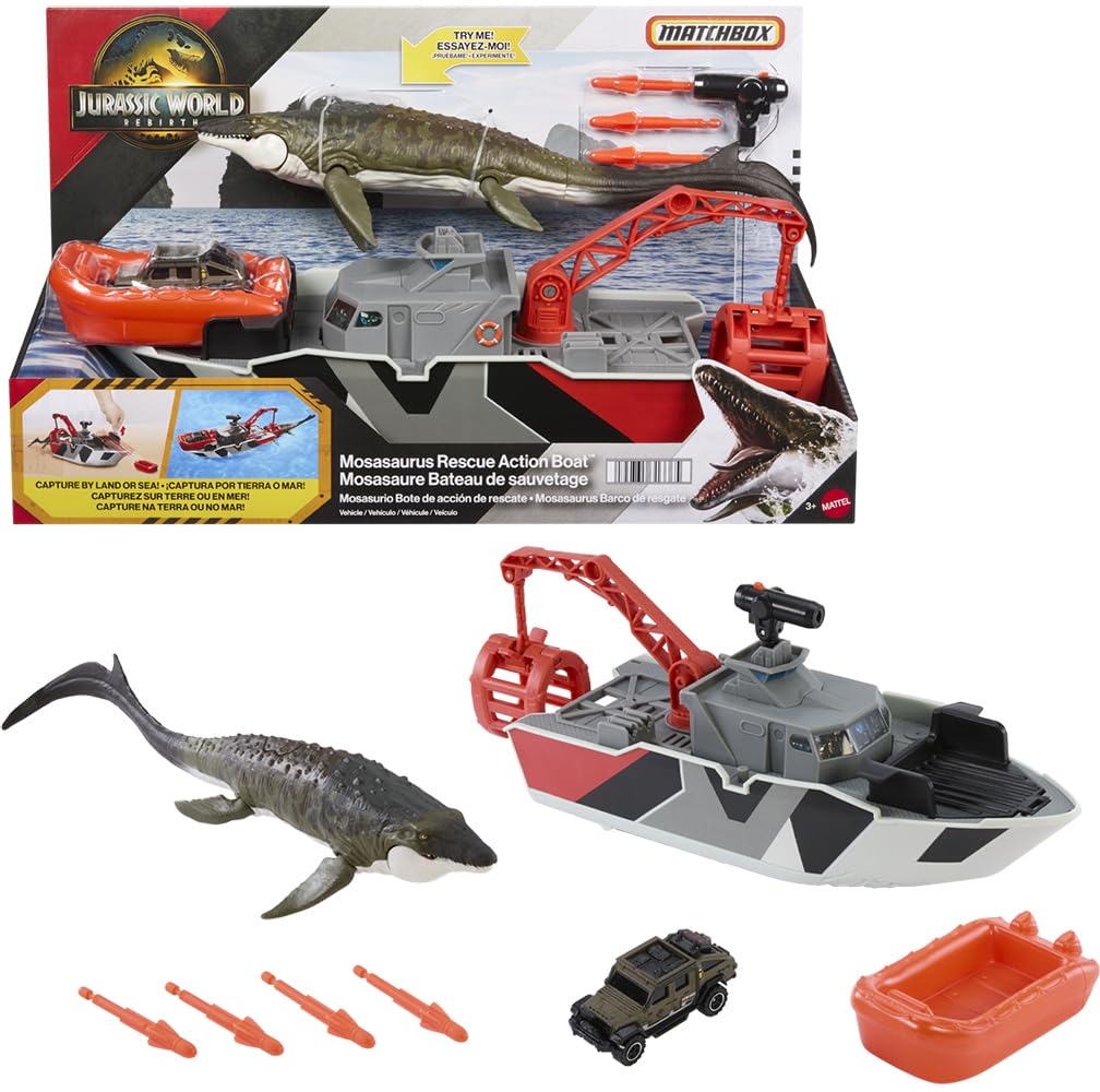 Matchbox Jurassic World Mosasaurus Rescue Boat close-up showing the working winch for action