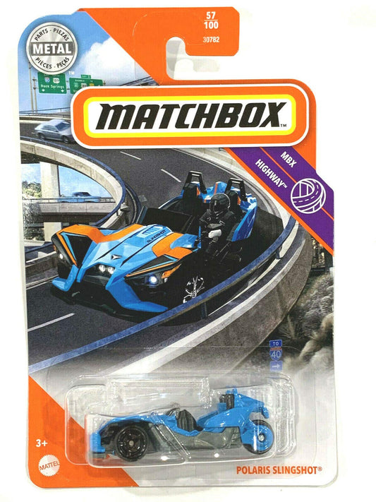 Matchbox MBX Highway 57/100 Polaris SlingSh0t blue toy vehicle for imaginary road adventures.