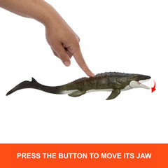 Matchbox Mosasaurus figure on boat with moving jaw for dramatic scenes