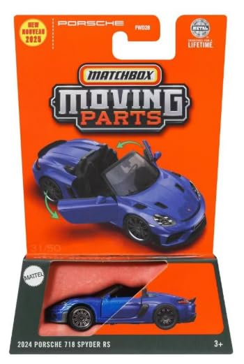 Matchbox 2024 Porsche 718 Spyder RS blue with moving doors, ideal for display