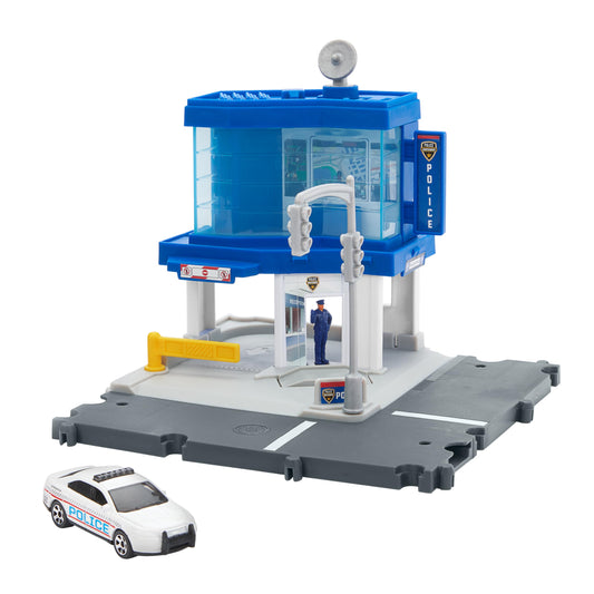Matchbox Police Traffic Center playset with rotating satellite enhances immersive city play.