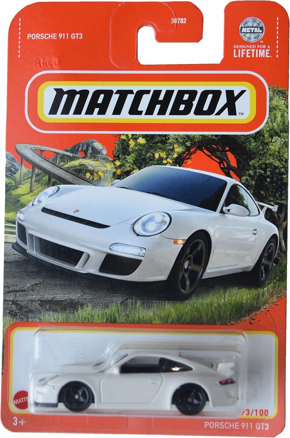 Matchbox Porsche 911 GT3 white front-angle view for display and imaginative play.