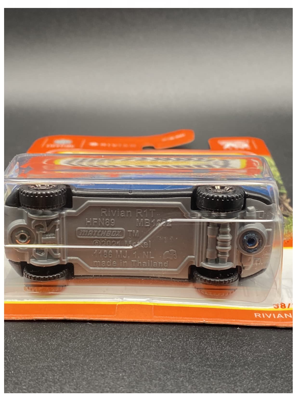 Matchbox Rivian R1T blue close-up grille detail for fans.