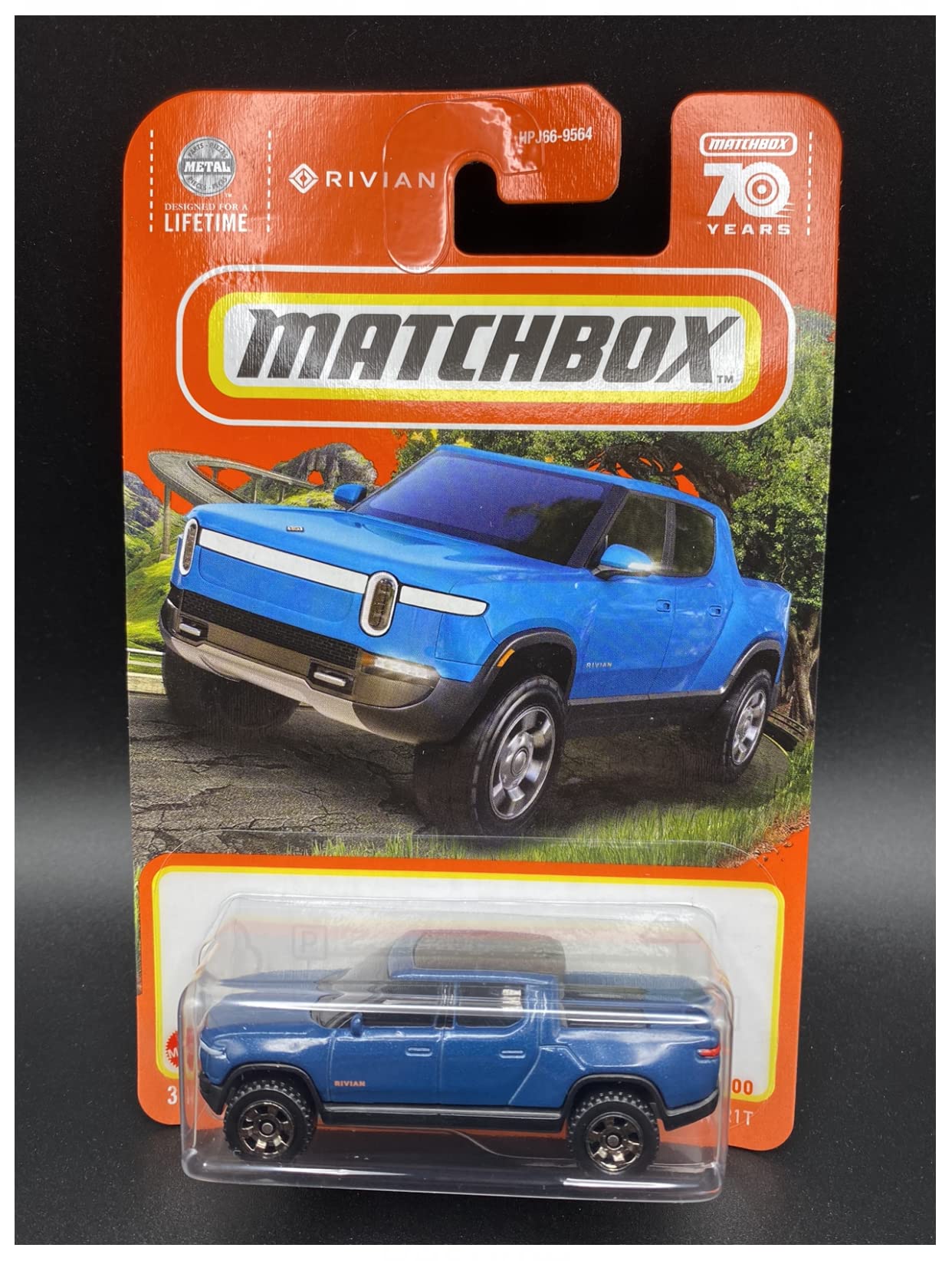 Matchbox Rivian R1T blue front view, ideal for display.