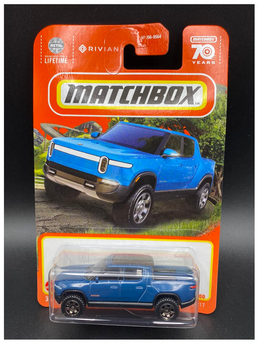Matchbox Rivian R1T blue front view, ideal for display.