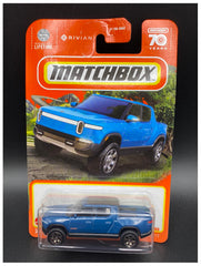 Matchbox Rivian R1T blue front view, ideal for display.