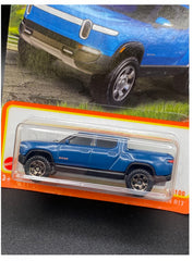 Matchbox Rivian R1T blue left-side view for display.