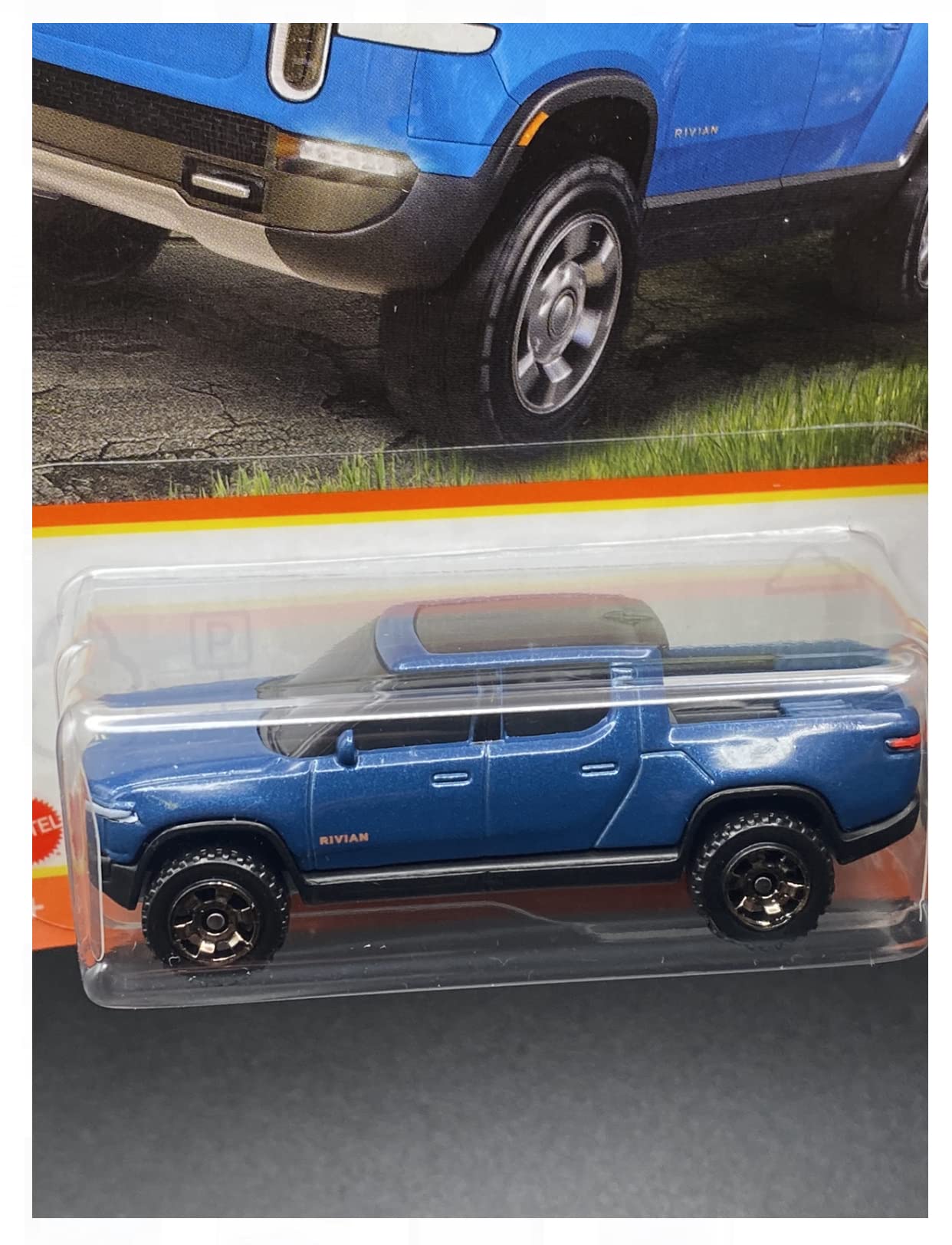 Matchbox Rivian R1T blue rear view, collectors note.
