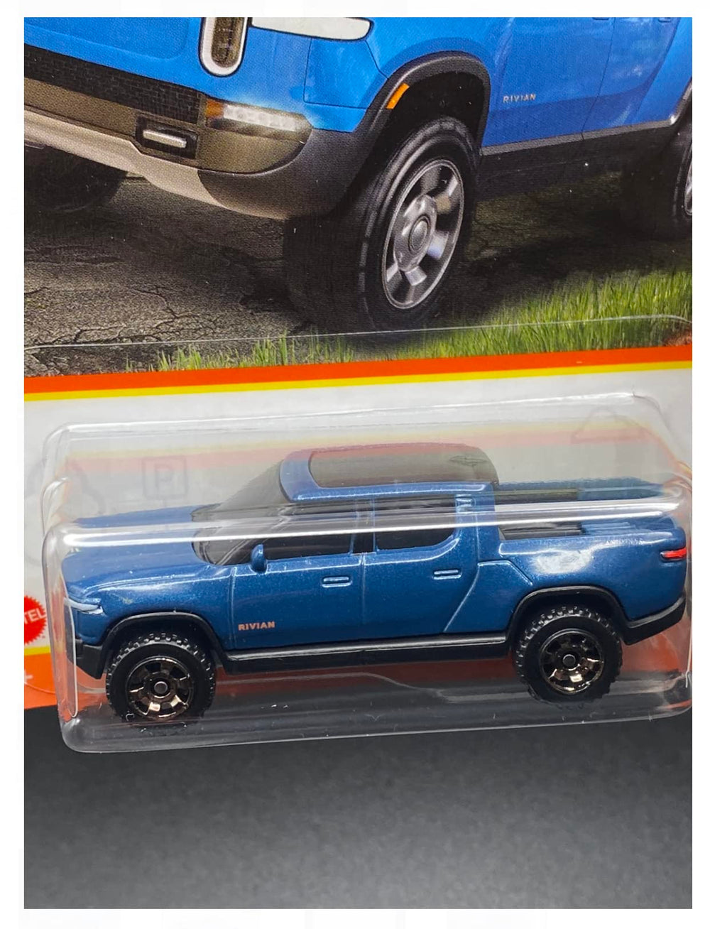 Matchbox Rivian R1T blue rear view, collectors note.