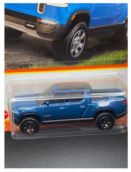 Matchbox Rivian R1T blue rear view, collectors note.