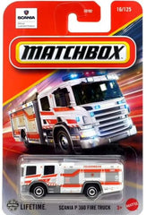 Matchbox Scania P360 Fire Truck in white, durable die-cast model for display and play