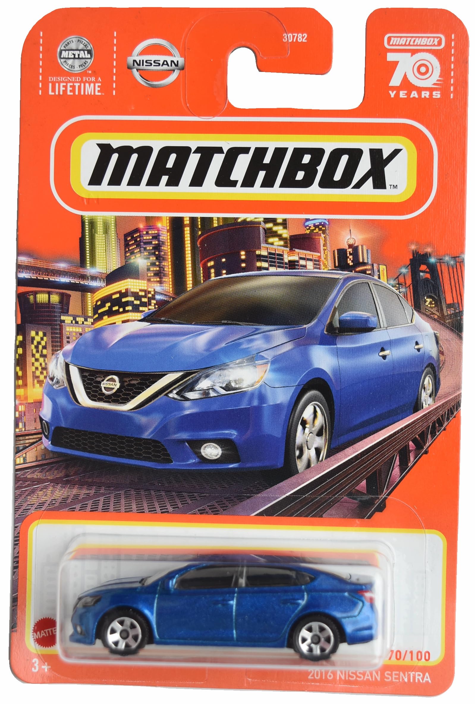 Matchbox 2016 Nissan Sentra blue die-cast car, perfect for collection and imaginative play.