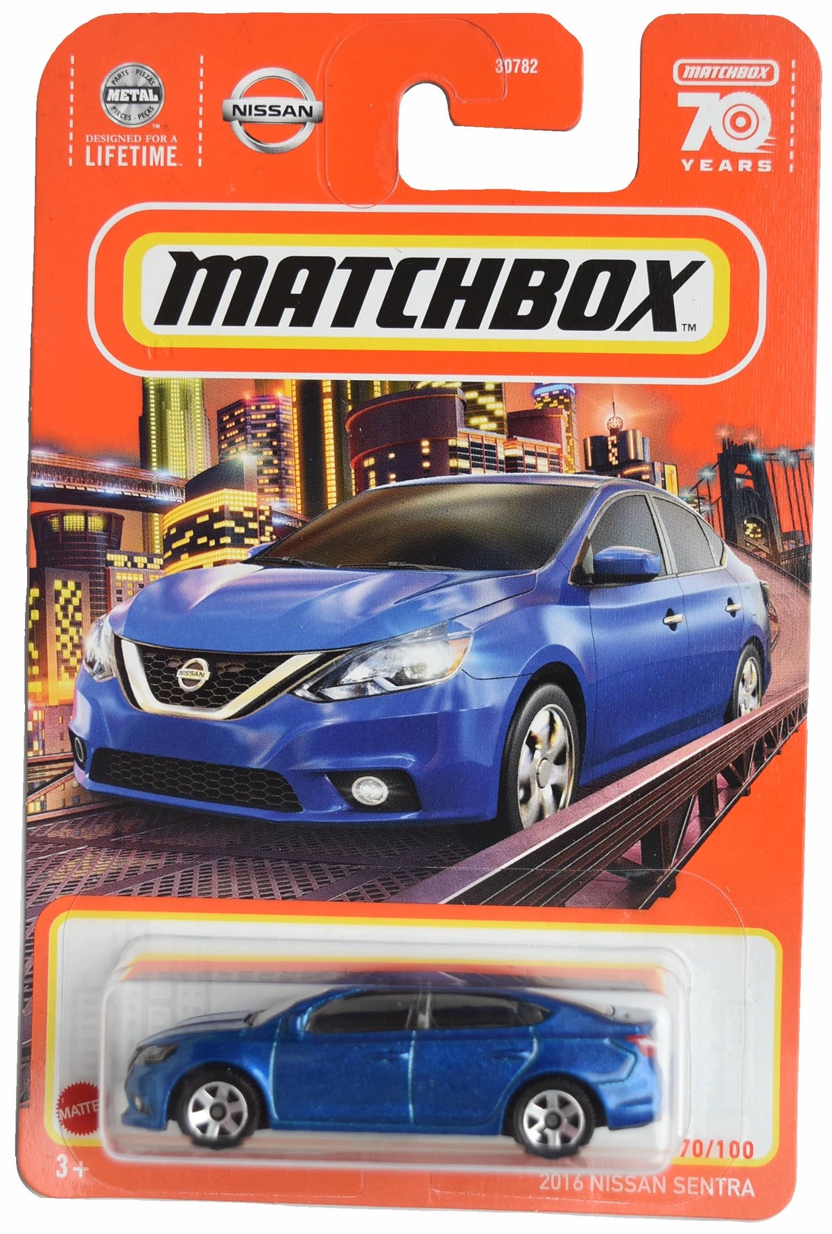 Matchbox 2016 Nissan Sentra blue die-cast car, perfect for collection and imaginative play.