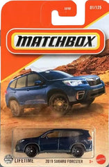 Matchbox Subaru Forester 2019 blue diecast model for display and collection.