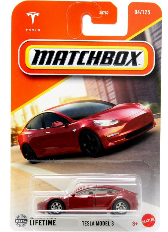 Matchbox Tesla Model 3 red 1:64 scale diecast car for display.