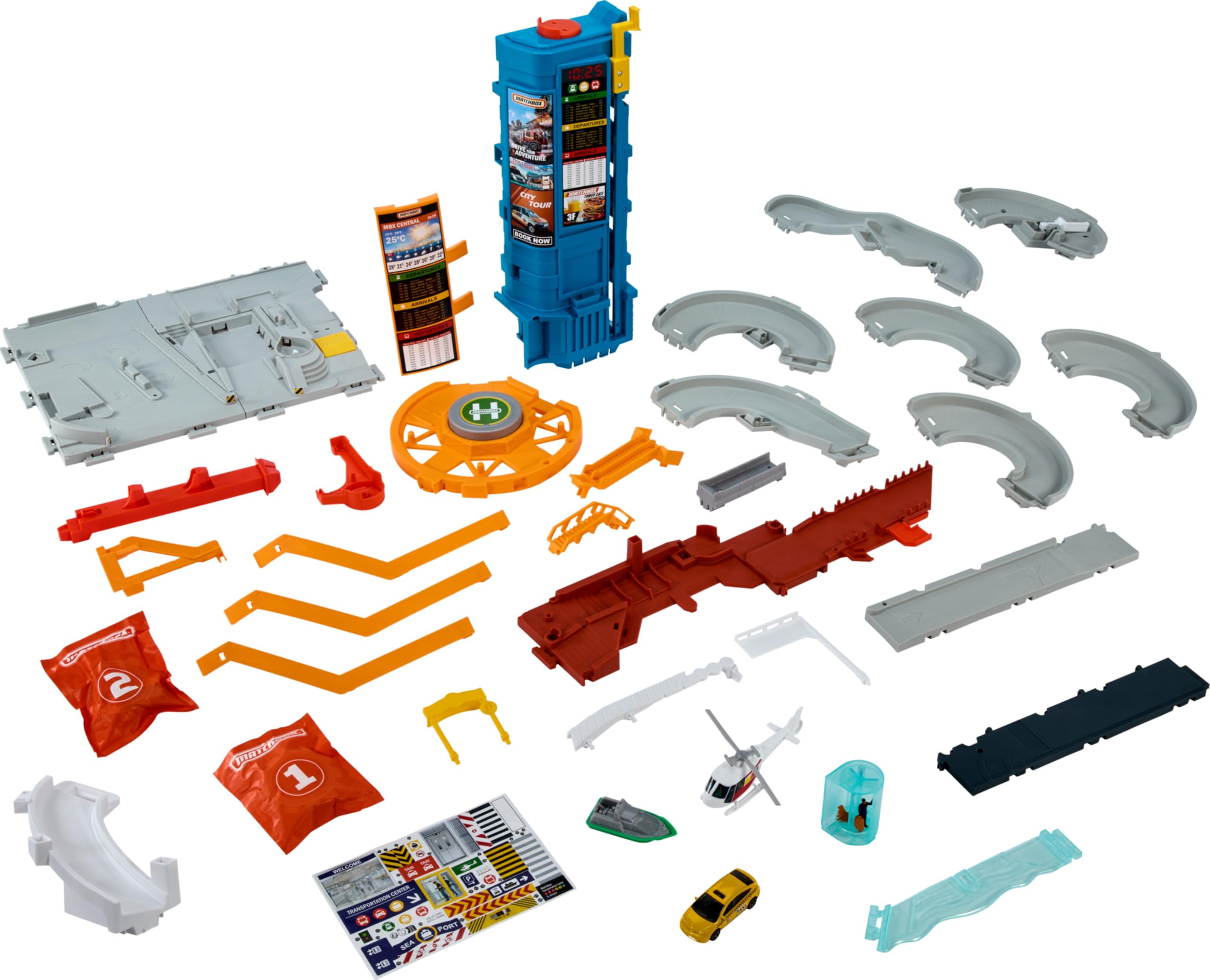 Matchbox Transportation Center includes 1:64 taxi, boat, and helicopter in action.