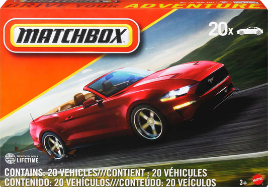 Matchbox twenty-pack front view with varied 1:64 vehicles for imaginative play.