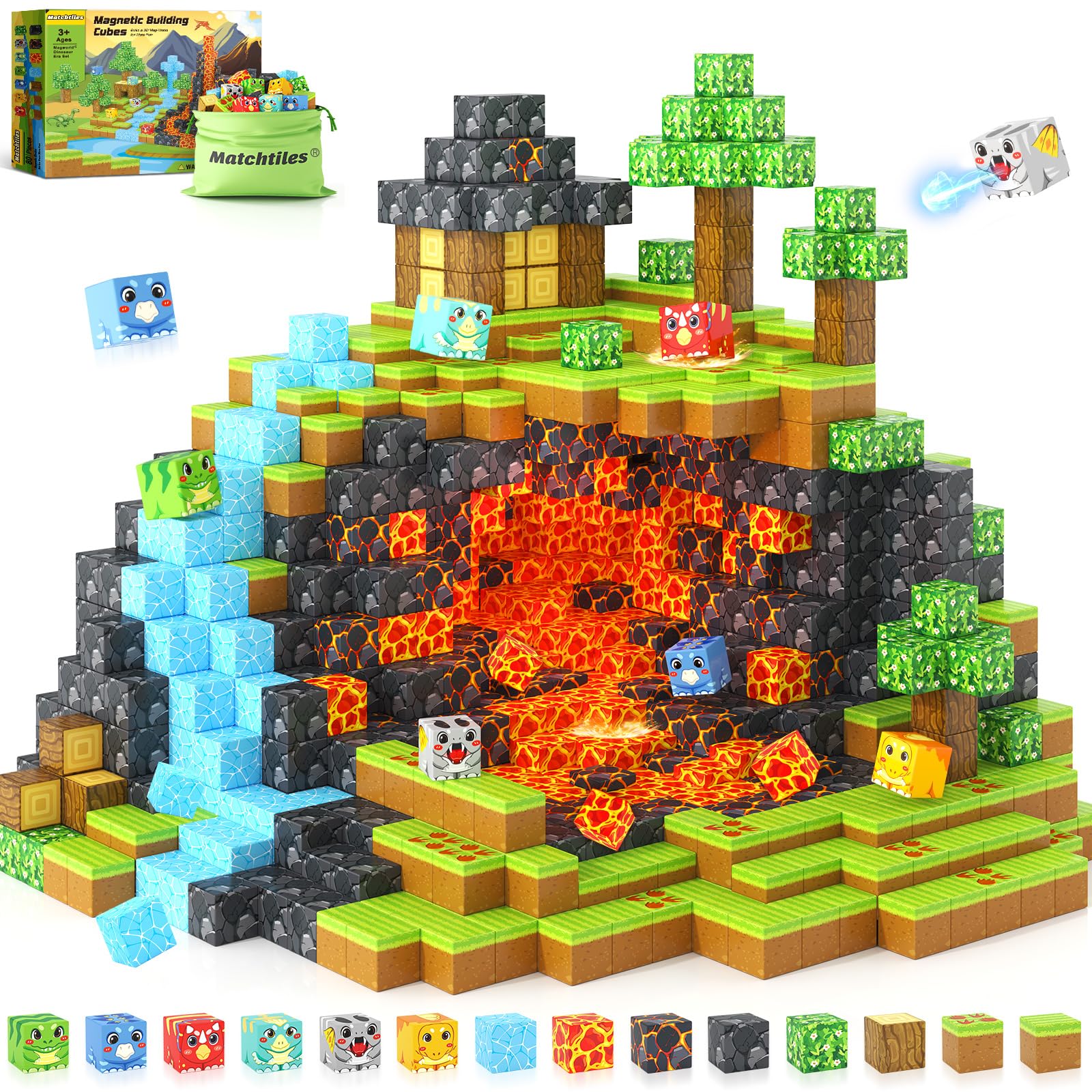Matchtiles magnetic dinosaur blocks set main image shows vibrant dinos for open-ended play.