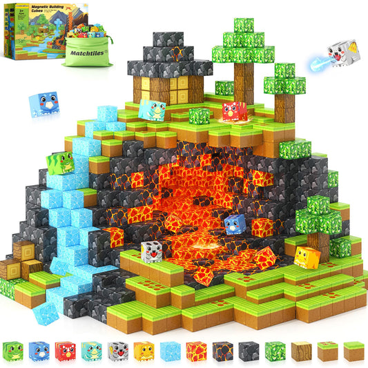 Matchtiles magnetic dinosaur blocks set main image shows vibrant dinos for open-ended play.