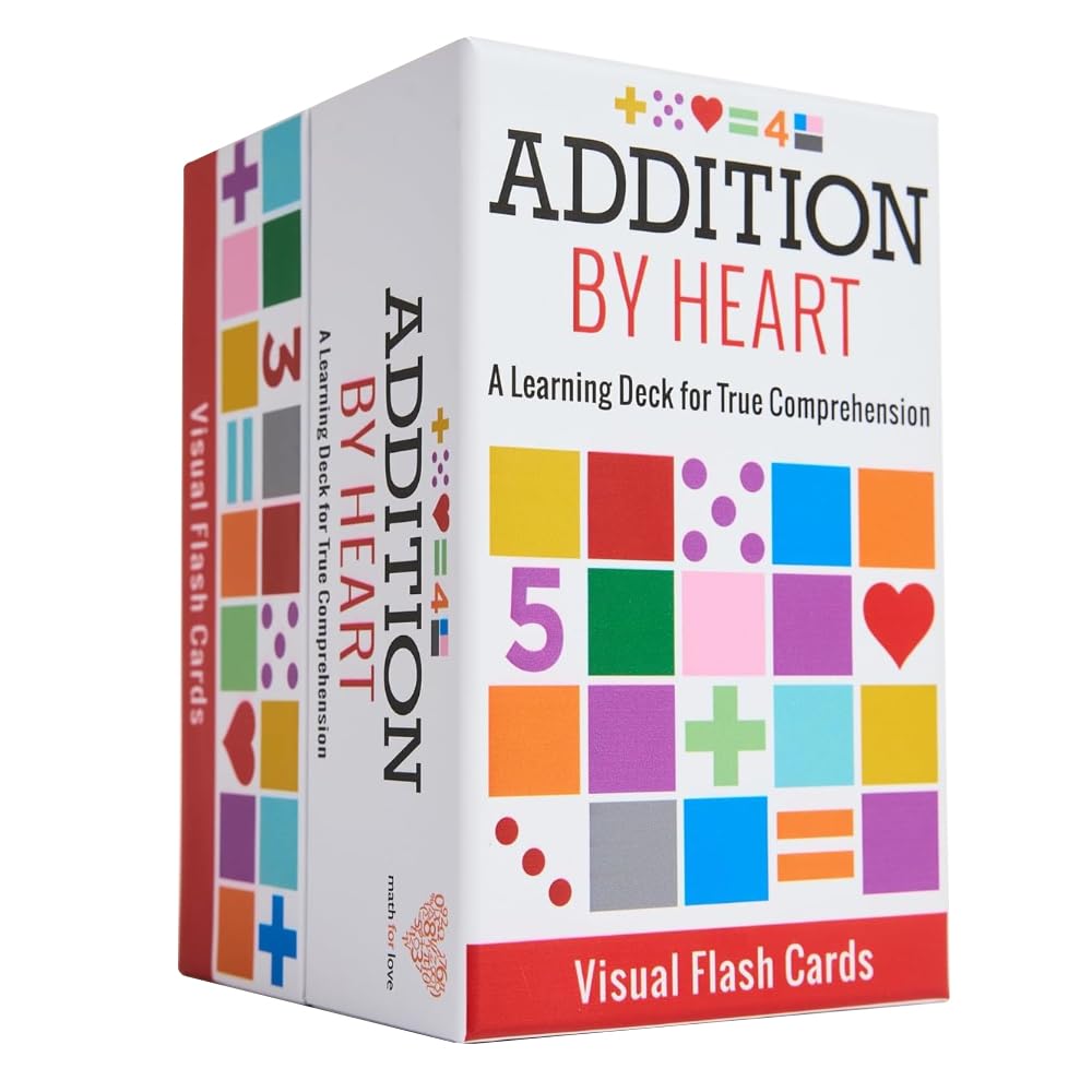 Math for Love Addition by Heart flash cards with colorful visuals for quick addition practice.