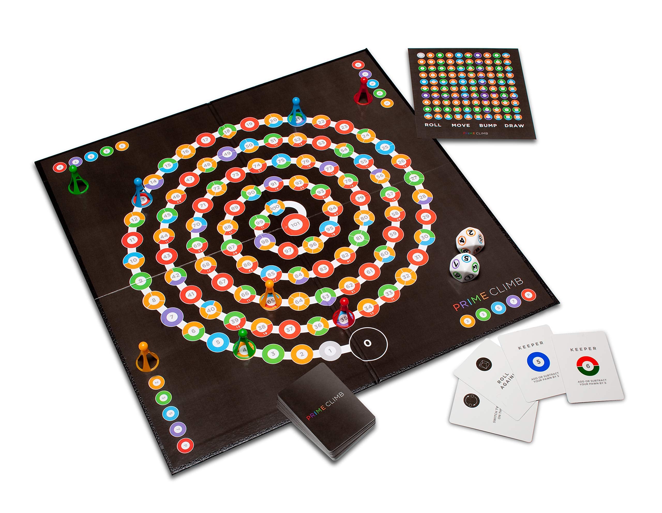 Prime Climb board overview highlights color-coded paths for engaging play.