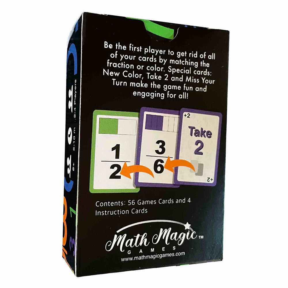 The top pile card revealed to trigger matching with fractions or colors.