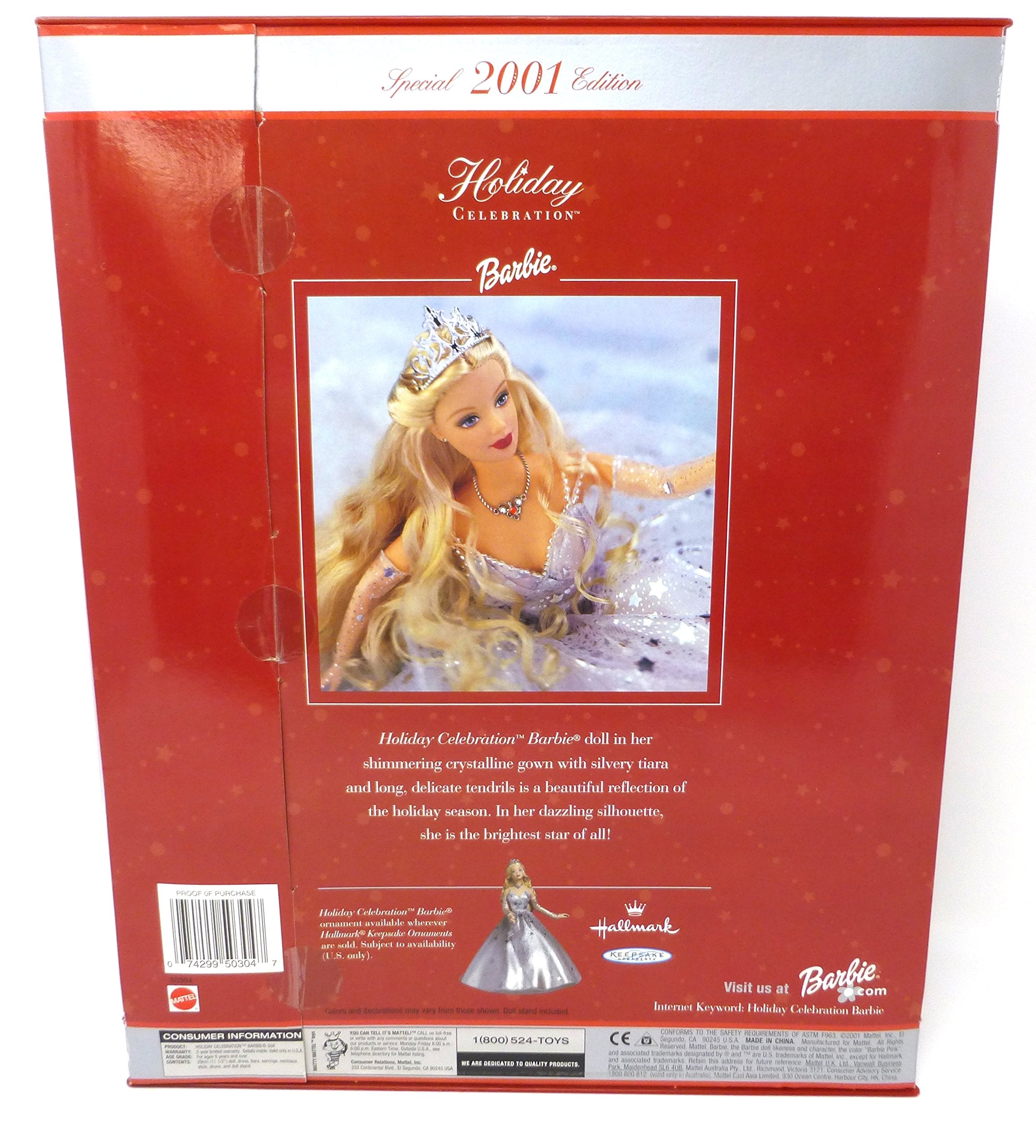 Mattel Barbie Holiday Celebration 2001 featuring silvery tiara and bejeweled necklace for collectible presentation.