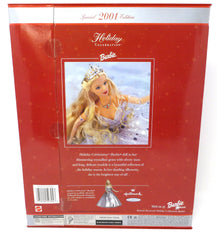 Mattel Barbie Holiday Celebration 2001 featuring silvery tiara and bejeweled necklace for collectible presentation.