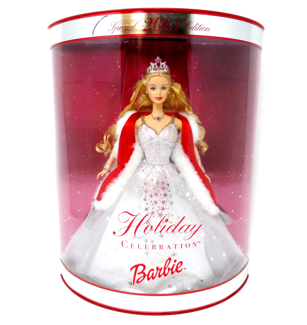 Mattel Barbie Holiday Celebration 2001 in white gown with silver stars, ideal for elegant display.