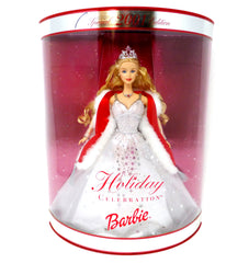 Mattel Barbie Holiday Celebration 2001 in white gown with silver stars, ideal for elegant display.