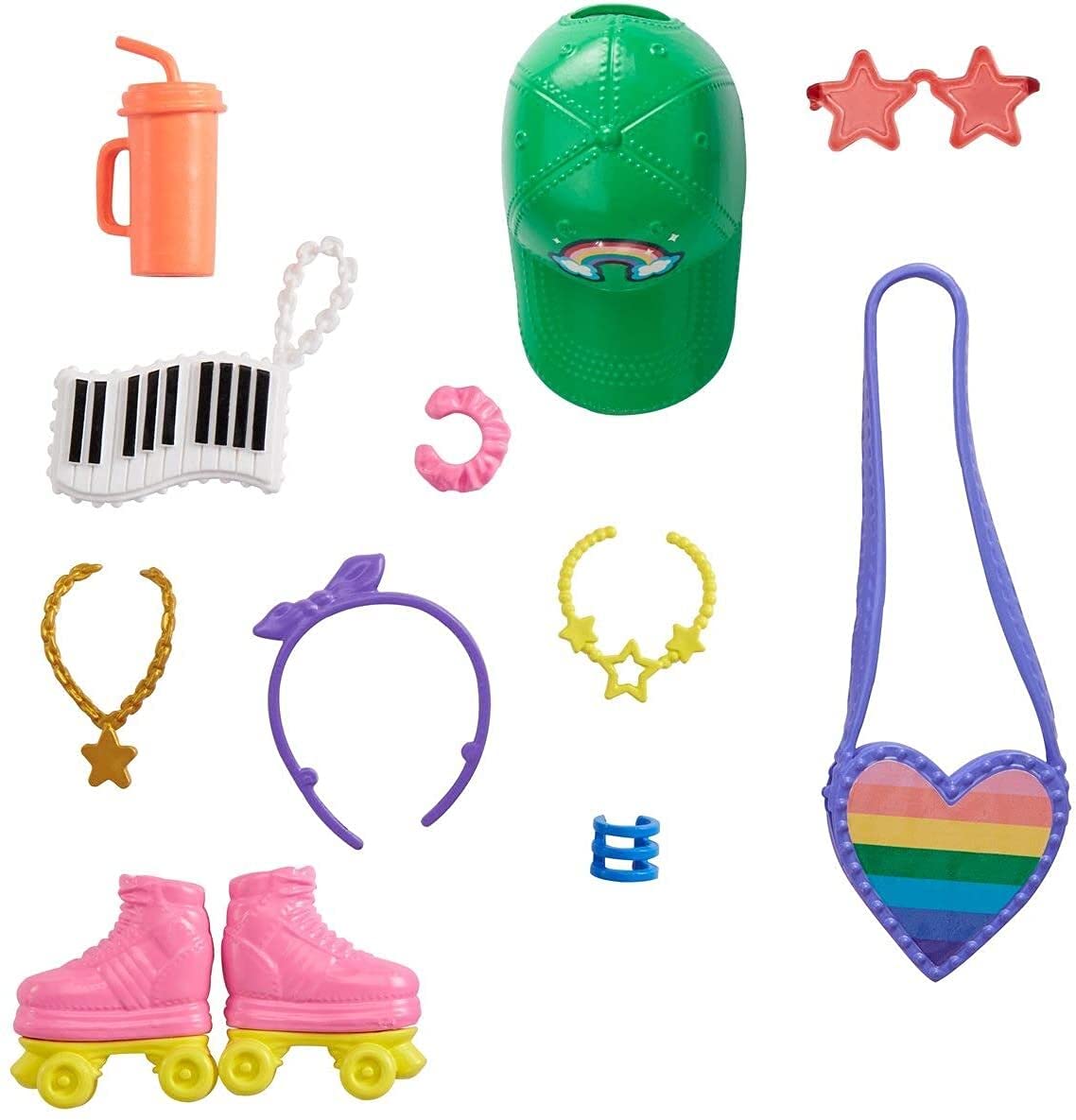 Barbie by Mattel: roller-skating fashion storytelling pack features cap, rainbow purse, and roller skates for imaginative play